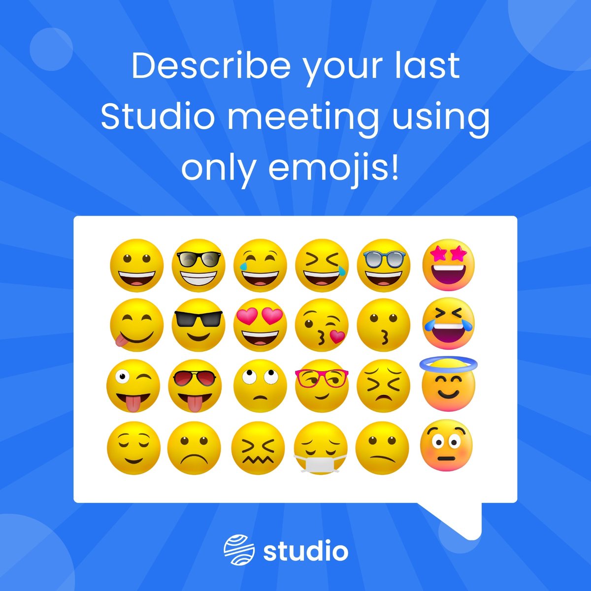 thestudio_app's tweet image. 🔍🗣️💻🤔💤
 Using only emojis, how did your last Studio meeting go?

Try studio for free today.

studioapp.net

#studioapp #tgif #emoji