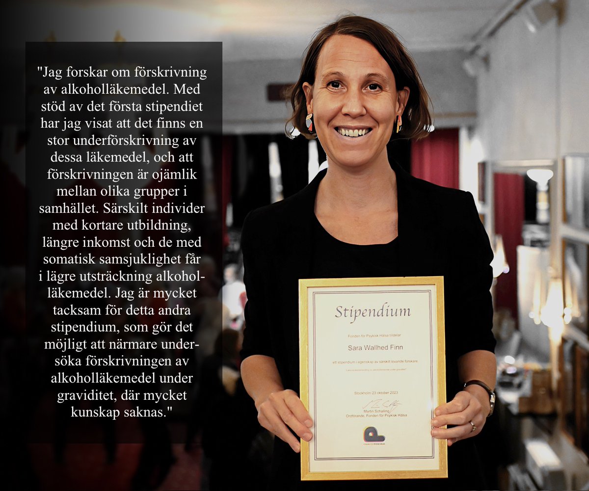 Sara Wallhed Finn är en av alla duktiga forskare vi delade ut stipendium till 2023. Hon forskar om läkemedelsbehandling av alkoholberoende under graviditet. Psykiatrisk och psykologisk forskning är kraftigt underfinansierad. Stöd vår kamp för mer forskning! Swish 123 900 75 01.