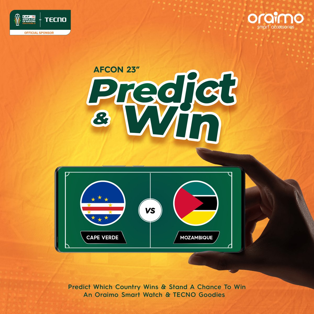 TECNOMobile254's tweet photo. It's game time! 🌟 Predict the outcome of tonight's AFCON match and you could be the lucky winner of Oraimo smartwatches and free TECNO goodies! 🎉⚽ Drop your predictions below and get ready for a winning experience!

#AFCONPredictions #AFCONPartnership #TECNO #AFCON2023 https://t.co/xWS14Ap0aJ