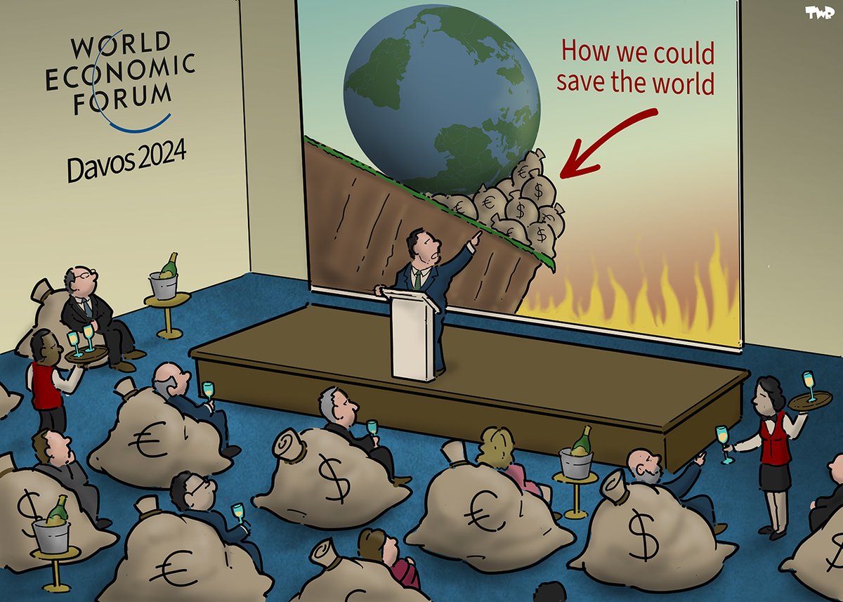 Royaards's tweet photo. Davos 2024. Cartoon for @trouw.

#Davos2024 #WEF #rich #wealthy #future https://t.co/Ef2I9g1zGf