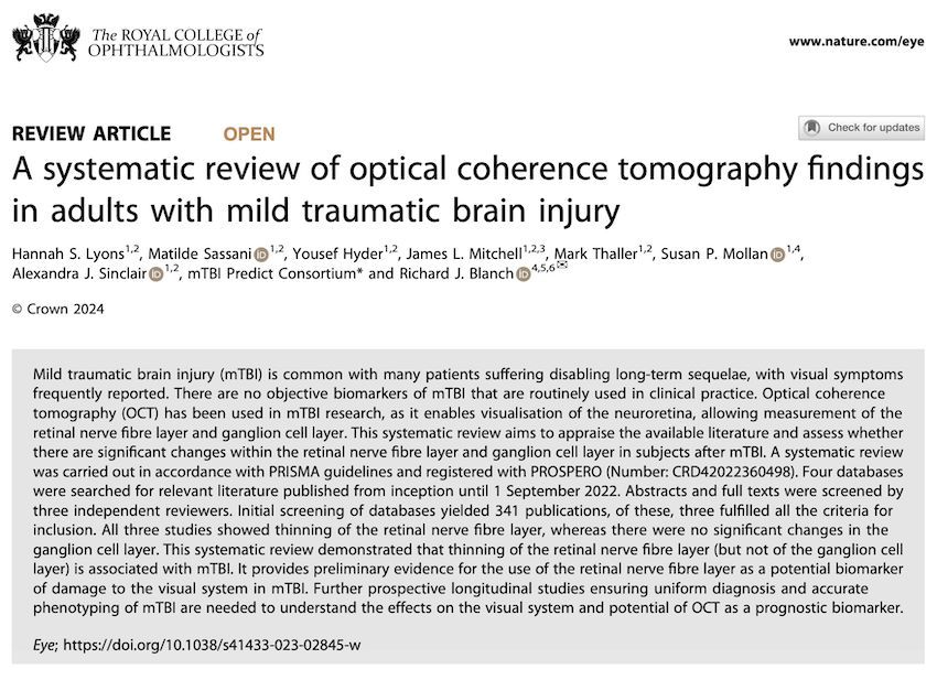 Eye Journal (@eye_journal) on Twitter photo Review suggests that the retinal nerve fibre layer could serve as a biomarker for visual system damage in mild traumatic brain injury
#Ophthalmology #FOAMed
go.nature.com/4b0hhls
<a href="/H_SLyons/">Hannah Lyons</a> @IIHDrBirmingham <a href="/ArmyBrainDoc/">James L. Mitchell</a> <a href="/DrMollan/">Dr Susan Mollan</a> <a href="/MarkHeadache/">Mark</a> <a href="/YousefHyder94/">Yousef Hyder</a> @MatildeSassani Review suggests that the retinal nerve fibre layer could serve as a biomarker for visual system damage in mild traumatic brain injury
#Ophthalmology #FOAMed
go.nature.com/4b0hhls
<a href="/H_SLyons/">Hannah Lyons</a> @IIHDrBirmingham <a href="/ArmyBrainDoc/">James L. Mitchell</a> <a href="/DrMollan/">Dr Susan Mollan</a> <a href="/MarkHeadache/">Mark</a> <a href="/YousefHyder94/">Yousef Hyder</a> @MatildeSassani