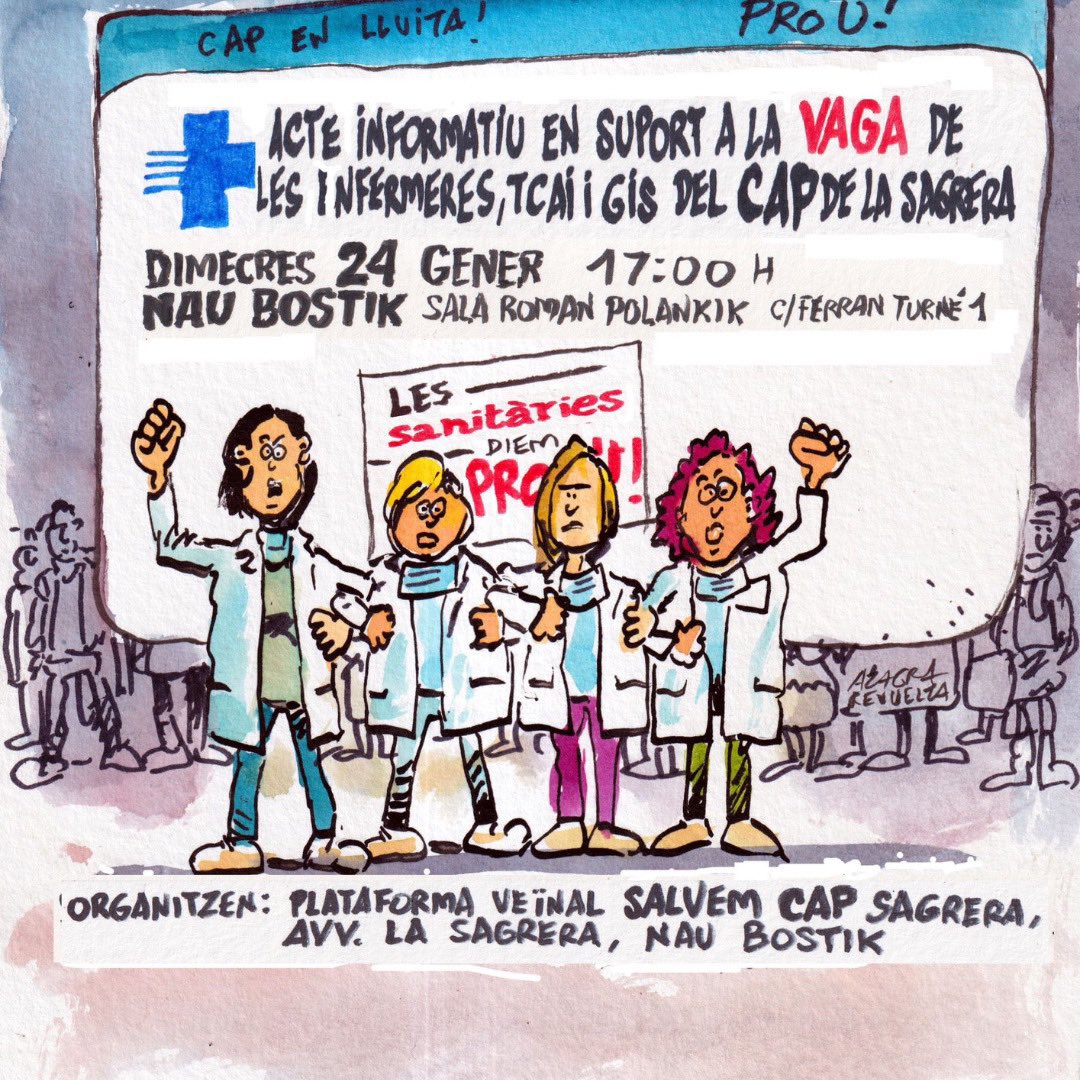 Fem un acte informatiu sobre la vaga sanitària a càrrec del mateix personal del #CAPSagrera, donem veu als professionals per explicar-vos els motius i les reivindicacions.
Ells com nosaltres volen tenir una AP digna i de qualitat.
Esteu tots convidats.
#VagaSanitaria