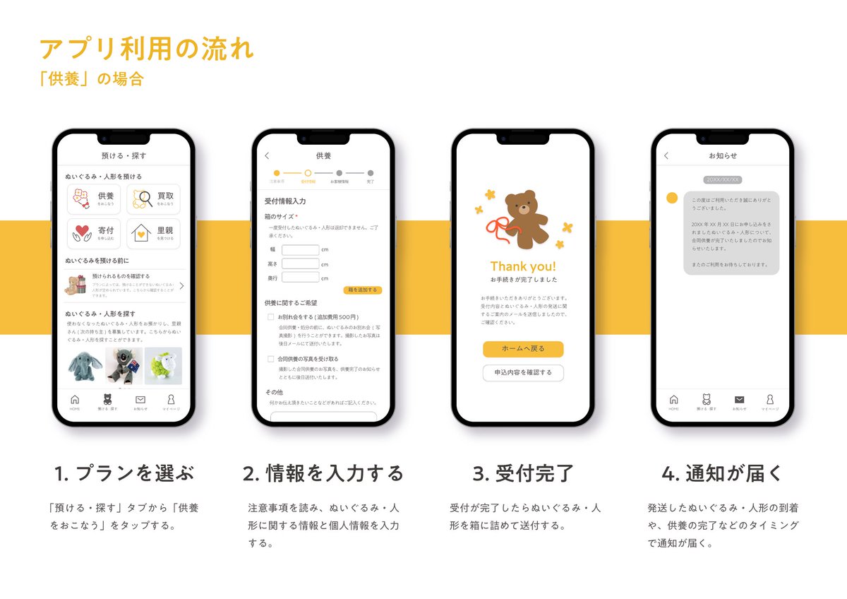 _Hix2xMi's tweet image. ぬいぐるみを処分したいけど捨てるのは心苦しい！という人に向けた架空のアプリを作りました🧸 #UIデザイン