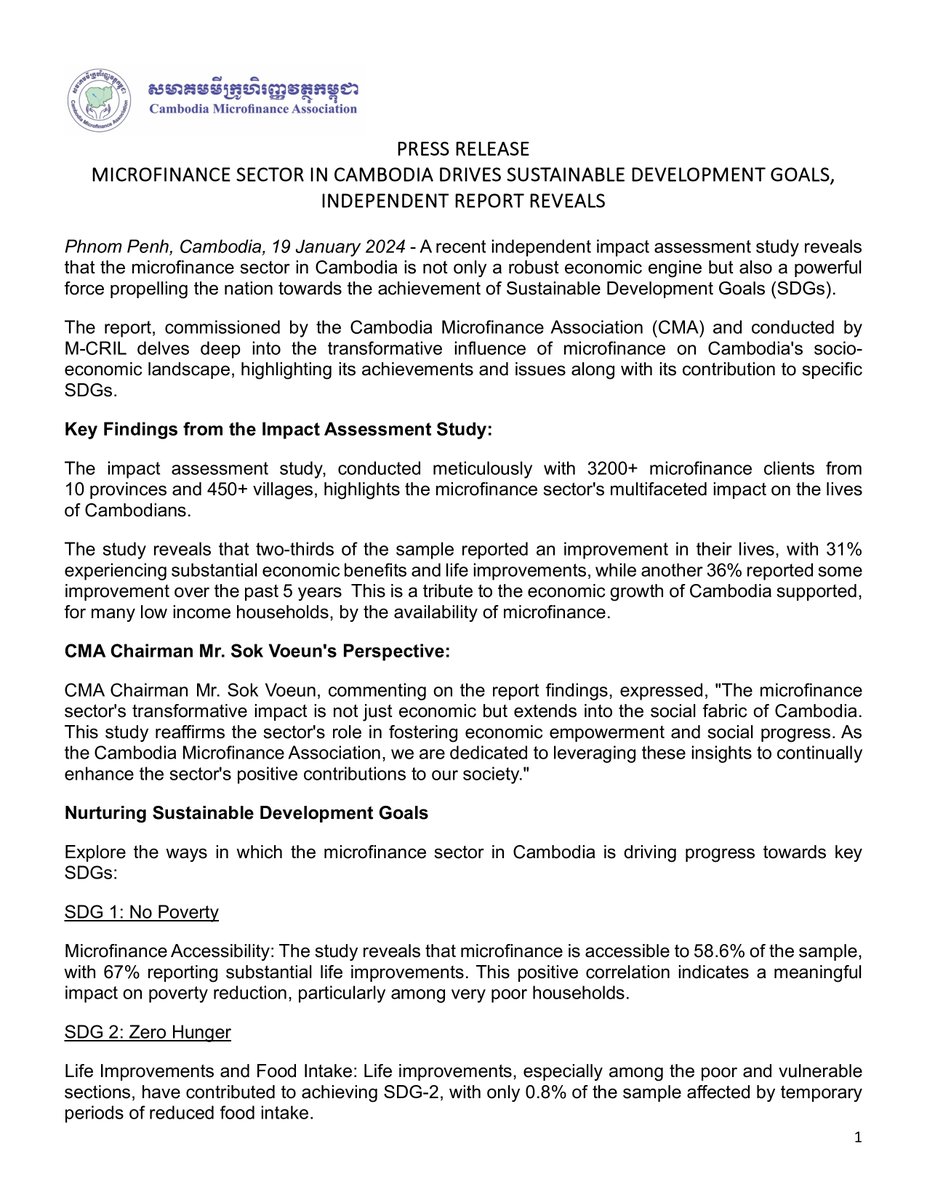 CMA_Network's tweet photo. Today CMA issues a press release on “MICROFINANCE SECTOR IN CAMBODIA DRIVES SUSTAINABLE DEVELOPMENT GOALS, INDEPENDENT REPORT REVEALS”.
#pressrelease #microfinance #impactstudy https://t.co/69ro9N0NK3