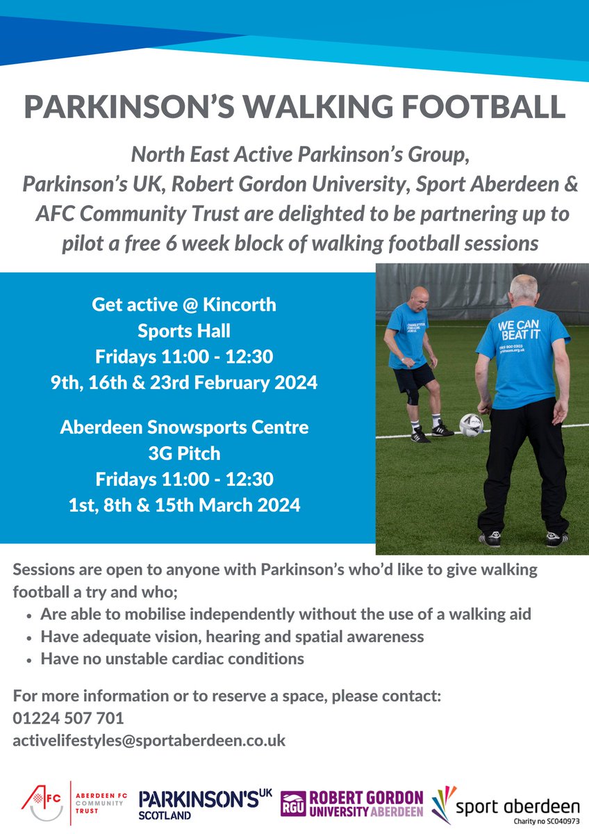 Really excited to be involved in the Parkinson's Walking football in conjunction with @Sportaberdeen, @AFCCT and @ParkinsonsUKSco Information of attending below👇 Brilliant partnership offering a valued experience for all. @RobertGordonUni @julie_physio