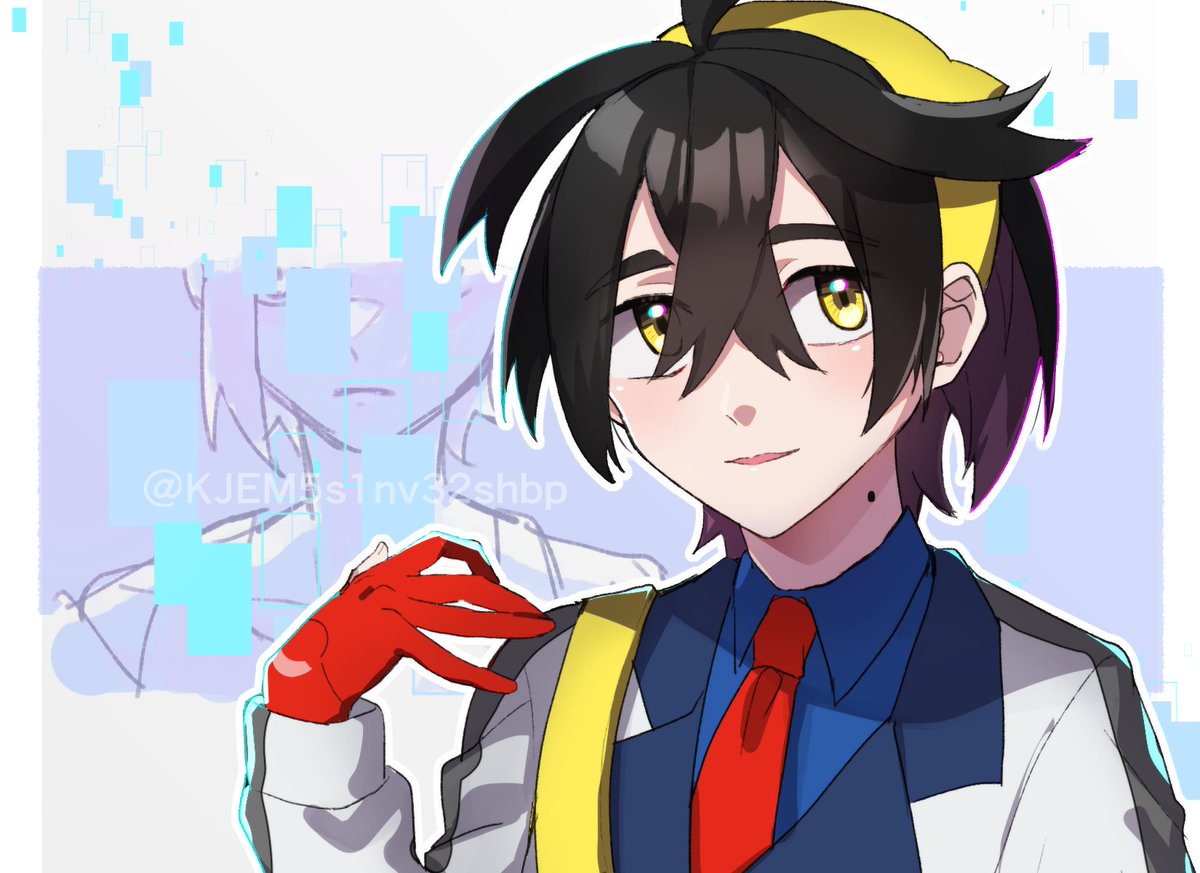 kieran (pokemon) necktie gloves red necktie red gloves hair between eyes black hair 1boy  illustration images