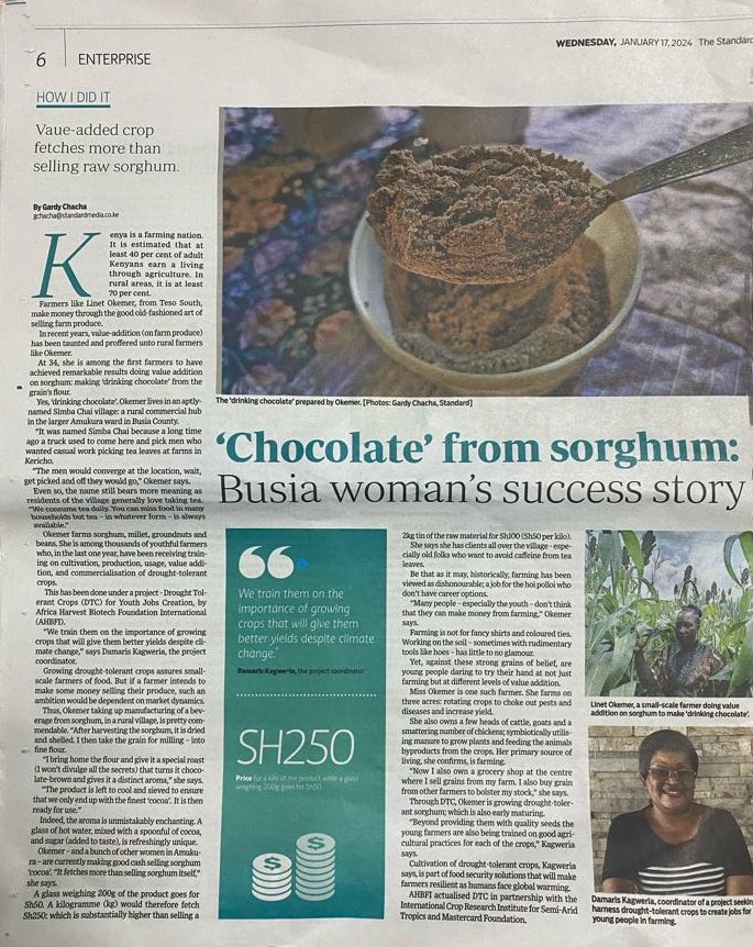 Discover the sweet side of Sorghum😋 Linet, 34, a small-scale farmer in Busia County & an early adopter of our ongoing program, #DTC4YouthJobsCreation, spills the secrets of turning profits from 'Chocolate' Sorghum to @StandardKenya #YouthinAgriculture #YouthWorks