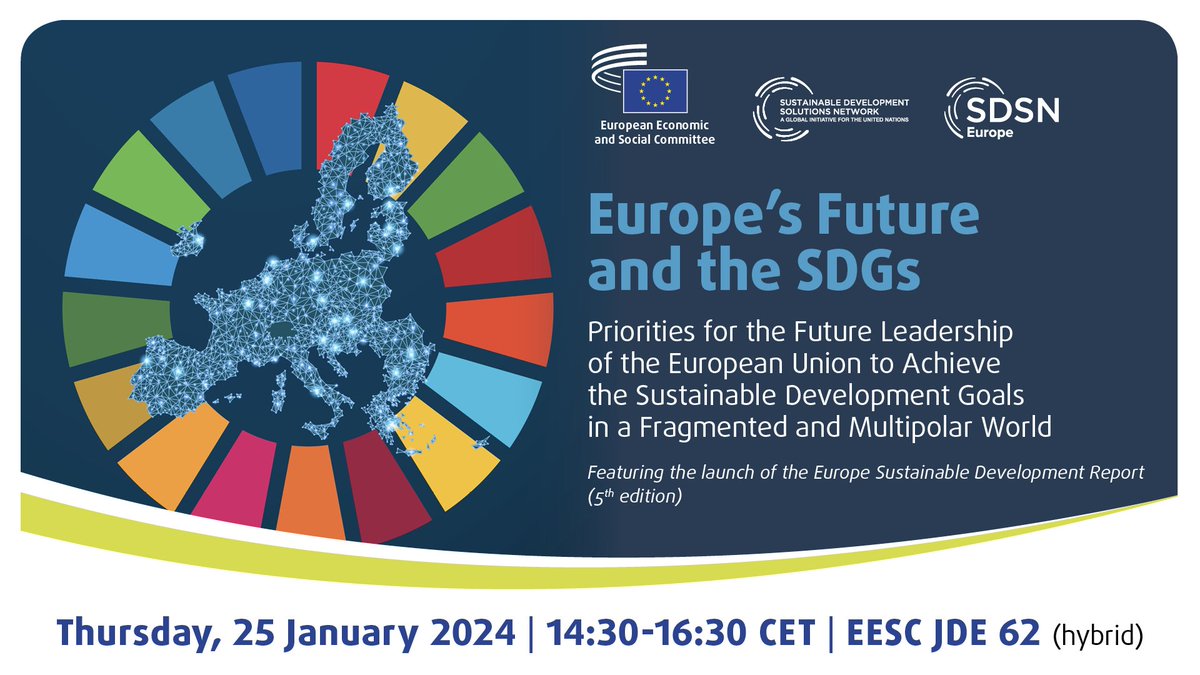 📌#Savethedate 📅25/1🕚14:30-16:30(CET) 👉@UNSDSN, SDSN_EU and @EU_EESC will hold an event featuring the launch of the European Sustainable Development Report 2023/24 (#ESDR)! Follow us👉live online! See more: ➡️sdsn.eu/event/europes-… ➡️youtube.com/watch?v=MfRGAS… #2030Agenda