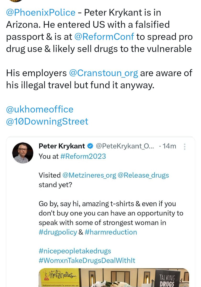 If I'd the power to make a tweet go viral it'd be this, one of the hardest things I've dealt with since running the unsanctioned overdose prevention site is abuse, this exposes the lies for what they are, lies! Tags 🇺🇸 police, my employer @Cranstoun_org & @ReformConf Claims I…