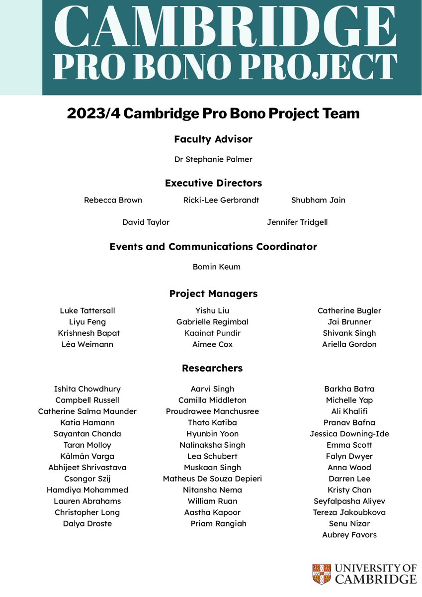 Cambridge Pro Bono Project (@cam_probono) on Twitter photo Thrilled to announce the 2023/4 Cambridge Pro Bono Project team!
Our Executive Directors lead 5 ProBono projects, with 12 project managers and 41 researchers, all graduate students from the <a href="/Cambridge_Uni/">Cambridge University</a>. Stay tuned for updates as the team progresses! Thrilled to announce the 2023/4 Cambridge Pro Bono Project team!
Our Executive Directors lead 5 ProBono projects, with 12 project managers and 41 researchers, all graduate students from the <a href="/Cambridge_Uni/">Cambridge University</a>. Stay tuned for updates as the team progresses!