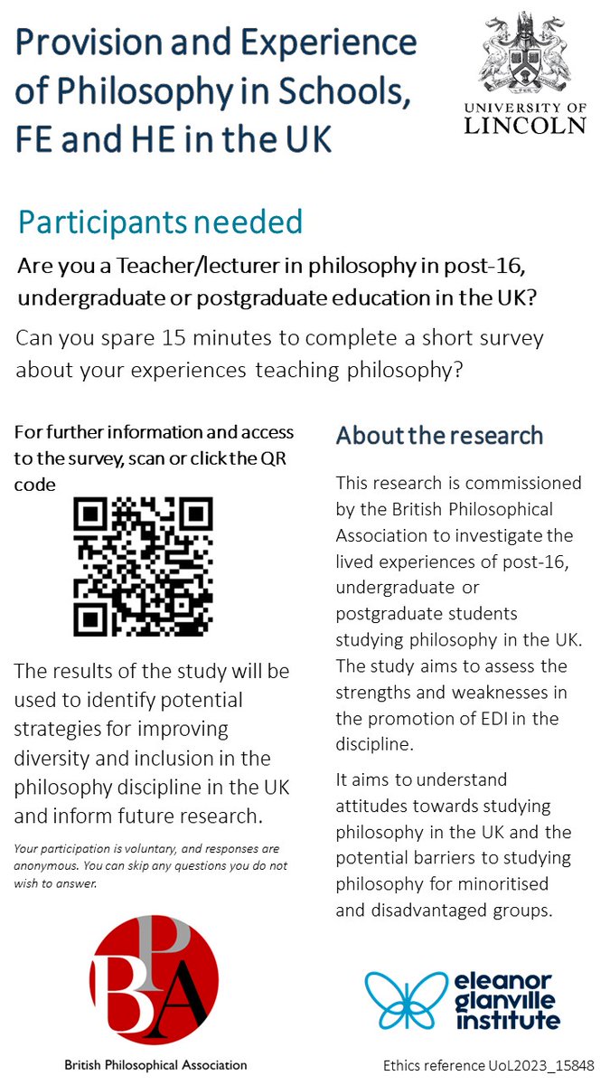 @BritishPhiloso1 We are also recruiting teachers and lecturers who teach philosophy to help understand the strengths and weaknesses in the promotion of EDI within the discipline of Philosophy. If you wish to take part in this please follow the link unioflincoln.questionpro.eu/bpa-staff