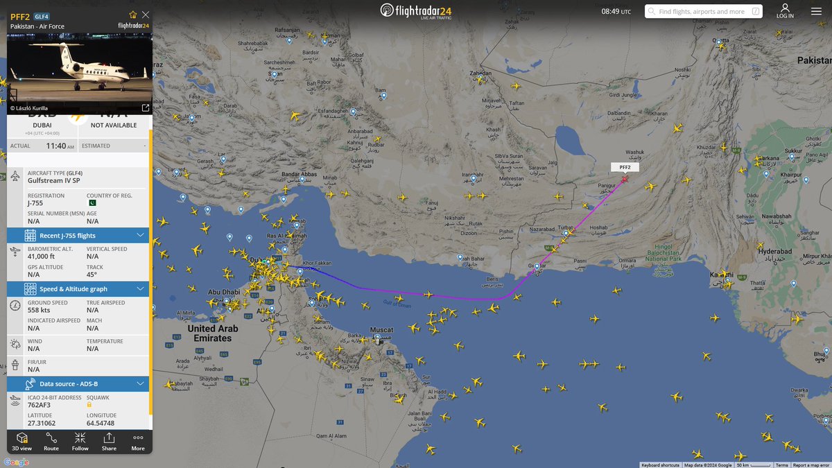 AIYeyENGDdJkjTr's tweet photo. Jan. 19, 2024
#Dubai, UAE ==>
#PFF2 #762AF3 Pakistan Air Force Gulfstream IV SP https://t.co/R1NgZdLFwd