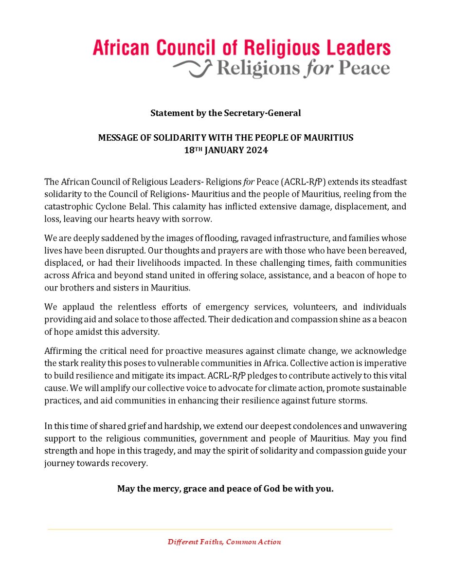 .<a href="/acrl_rfp/">African Council of Religious Leaders</a> fraternity stands in #solidarity with the people of Mauritius and the Reunion Islands in the face of #CycloneBelal wreaking havoc on their land. 
May the Divine, guide and protect them in these trying times.<a href="/CouncilMRU/">Council of Religions</a> #Mauritius #ReunionIsland