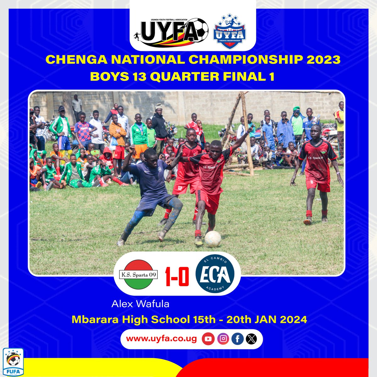 <a href="/UYFA9/">UYFA</a> 13 defending champions, Sparta 09 from Rubaga Division of Kampala Region defeated <a href="/ElCambioAcademy/">El Cambio Academy</a> from Masaka to become the first team to make it to the last four 

Alex Wafula scored the lone goal of the tight contest