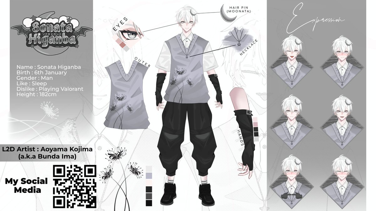 Sonata Higanba's Character Sheet is out!~ ✨🌙
What do you guys think of him?? 👀

#charactersheet #Vtuber #Vtubers #VTuberID #vtuberindie #VTuberUprising #vtubermodel #VTuberEN #anime #animeart #animeindonesia