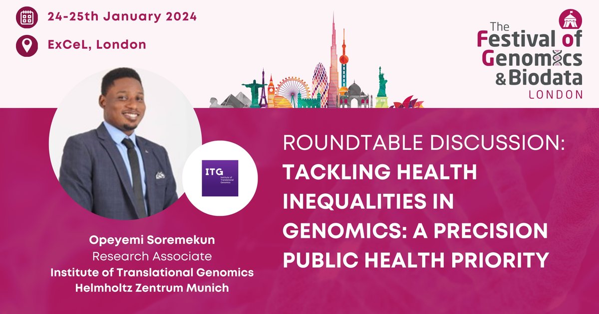 Front Line Genomics (@flgenomics) on Twitter photo How can we tackle health inequities in genomics? We are pleased to welcome <a href="/OpeSoremekun/">Opeyemi Soremekun</a> (Research Associate at Institute of Translational Genomics, Helmholtz Zentrum Munich, Germany) to #FOG2024 to discuss this issue. Register here: hubs.la/Q02gXhPt0 How can we tackle health inequities in genomics? We are pleased to welcome <a href="/OpeSoremekun/">Opeyemi Soremekun</a> (Research Associate at Institute of Translational Genomics, Helmholtz Zentrum Munich, Germany) to #FOG2024 to discuss this issue. Register here: hubs.la/Q02gXhPt0