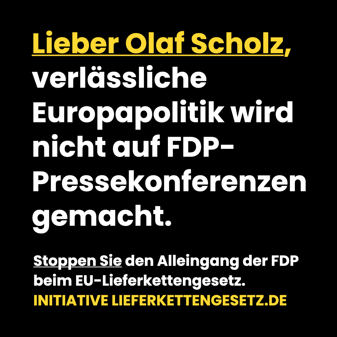 ‼️ Wieder schießt @fdp gegen zukunftsweisendes #EU-Projekt (das sie selber mitverhandelt hat): #Lindner lehnt Kompromiss zum 🇪🇺 #Lieferkettengesetz ab. @Bundeskanzler, Sie sind in der Verantwortung, die Glaubwürdigkeit Deutschlands in der EU zu beweisen! lieferkettengesetz.de/presse