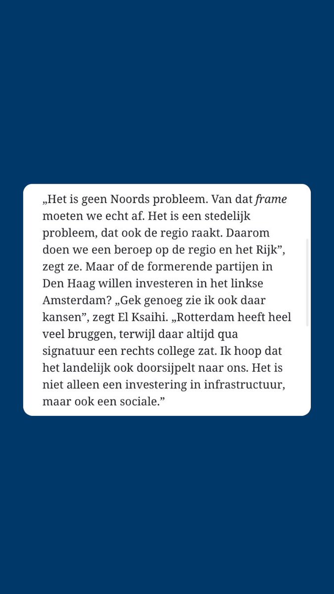 <a href="/YassmineelKsaih/">Yassmine el Ksaihi</a>  in de <a href="/telegraaf/">De Telegraaf</a> : Noord in een volwaardig stadsdeel van Amsterdam, dat onvolwaardig in verbonden. De onbereikbaarheid van Noord is geen Noords probleem, maar een stedelijk probleem met oa nare gevolgen voor Noord &amp; regio. Ook het Rijk is nu aan zet 🌉