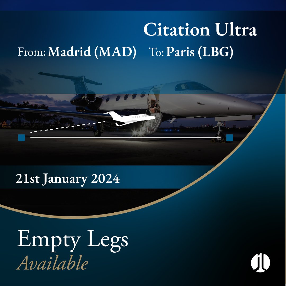 jetlogic's tweet image. EMPTY LEG ALERT. #Madrid &amp;gt;&amp;gt;&amp;gt; #Paris. 21st January 2024. 8 pax. 

Contact @jetlogic to discuss your charter requirements. 

&amp;gt; +44 131 478 0802
&amp;gt; jlcharter@jetlogic.com

#FlyJetlogic #EmptyLeg #PrivateJet
