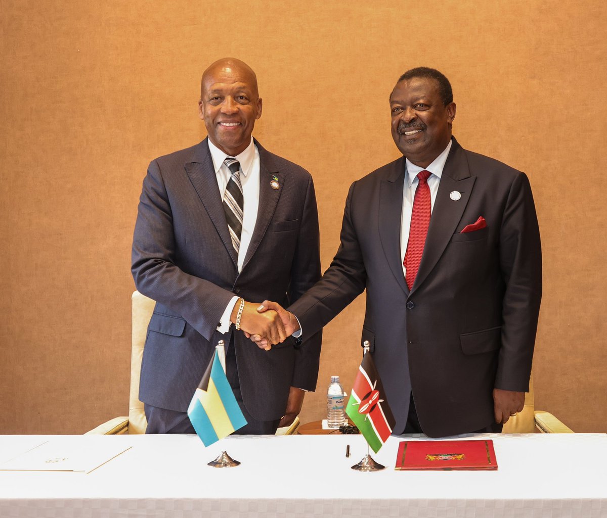MusaliaMudavadi's tweet photo. Delighted to announce the beginning of the journey to establish diplomatic relations with the Bahamas. 

Together with Hon. Alfred M. Sears, Minister of Immigration and National Insurance of the Bahamas, we have initiated the process of establishing embassies in both our capitals at the Ambassadorial level. Today's milestone agreement reflects a robust commitment to future cooperation and fostering friendship between our nations. 

We look forward to fruitful collaborations across diverse areas for mutual benefit.