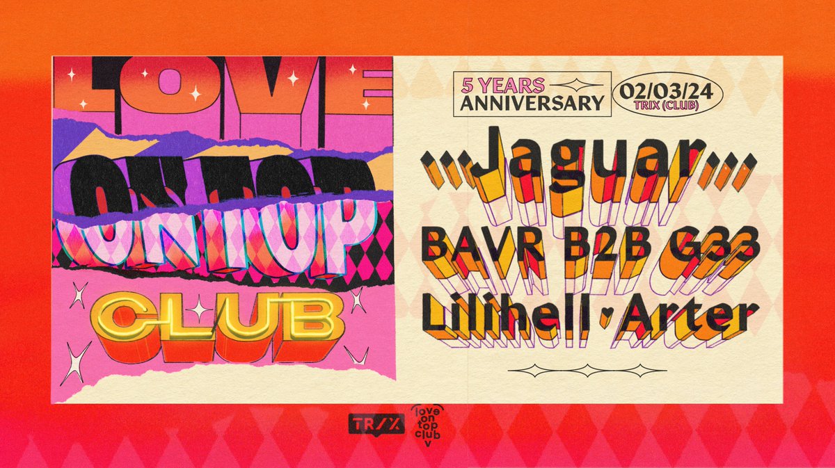 NIEUW - Love On Top Club blaast vijf kaarsjes uit. Om dit te vieren toveren ze op 2 maart, Trix om tot het grootste liefdesnest van Antwerpen met o.a. Jaguar (UK) en G33 (UK). / Ticketverkoop start 24 januari, om 12u via tinyurl.com/5YLoveOnTop