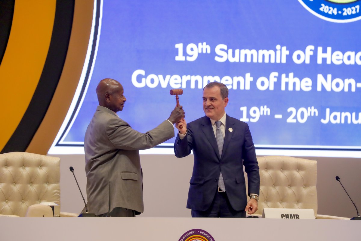 President @KagutaMuseveni officially assumes office - Chairman Non- Aligned Movement, at the #NAMSummitUg2024. The seat was handed over by H.E Jeyhun Aziz Ogu Bayramov, foreign Minister of Azerbaijan, on behalf of President Ilham Aliye, the out going Chairman.