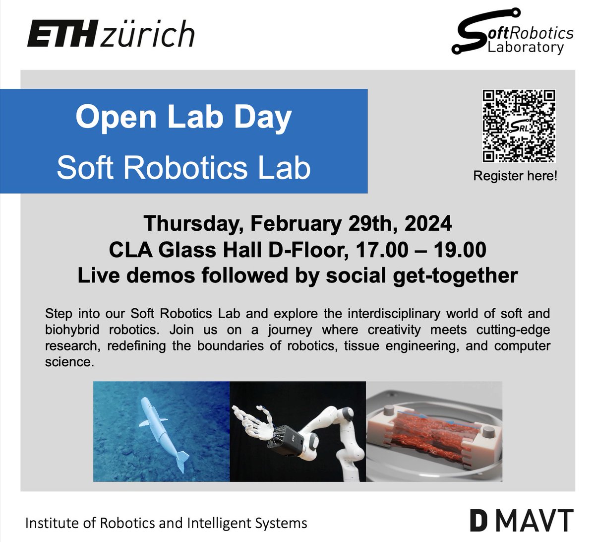 srl_ethz's tweet image. Join us for the Open Lab Day at the Soft Robotics Lab on February 29, 2024, 17:00 – 19:00 in the CLA Glass Hall! Explore live demos, cutting-edge research, and connect with like-minded enthusiasts. Limited spots - register at srl.ethz.ch/soft-robotic-n… Don’t miss out!