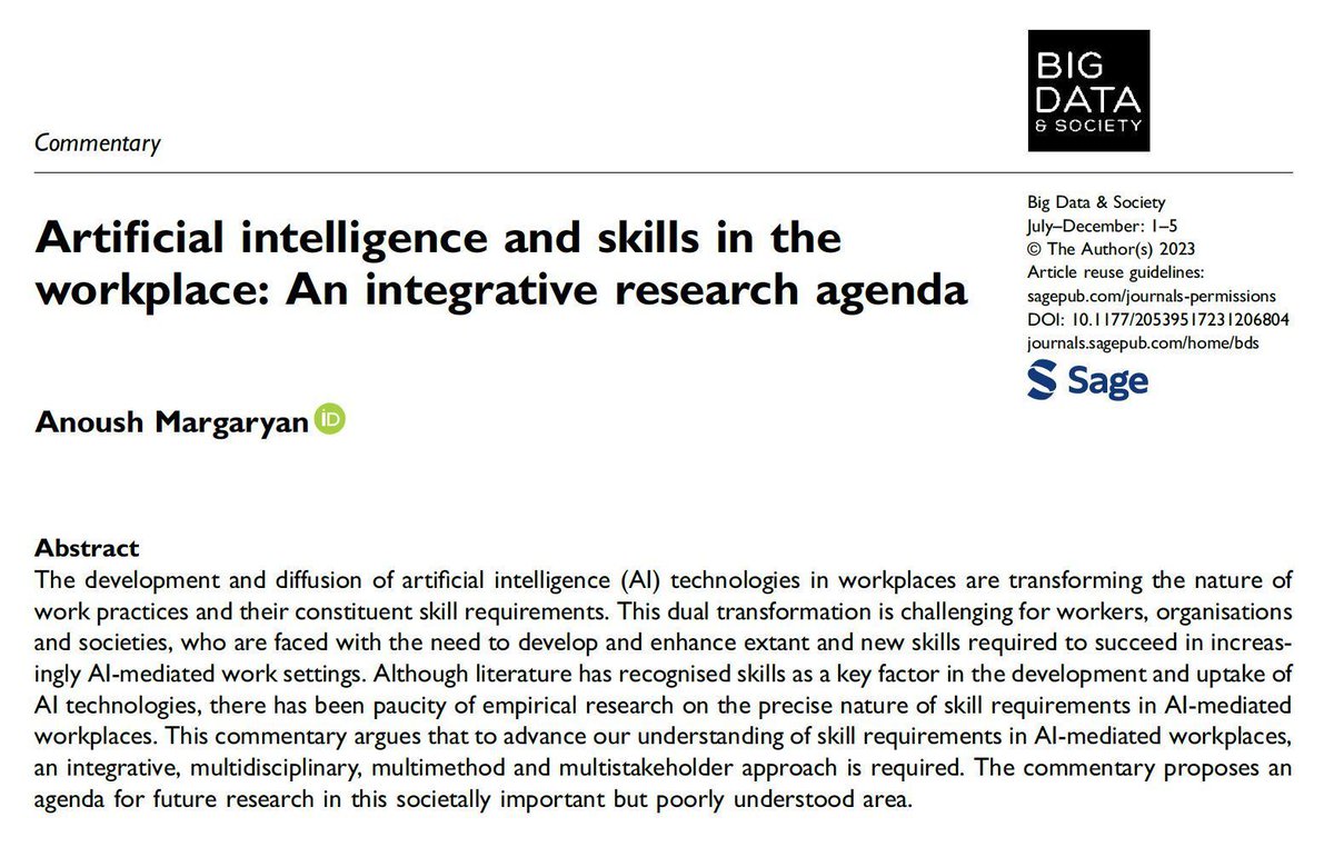 In this commentary, Anoush Margaryan problematises the lack of empirical understanding of the skills requirements in #AI-mediated work practices and puts forth an ‘integrative’ research agenda. To find out her four dimensions of integration, head to: buff.ly/46vh9qx