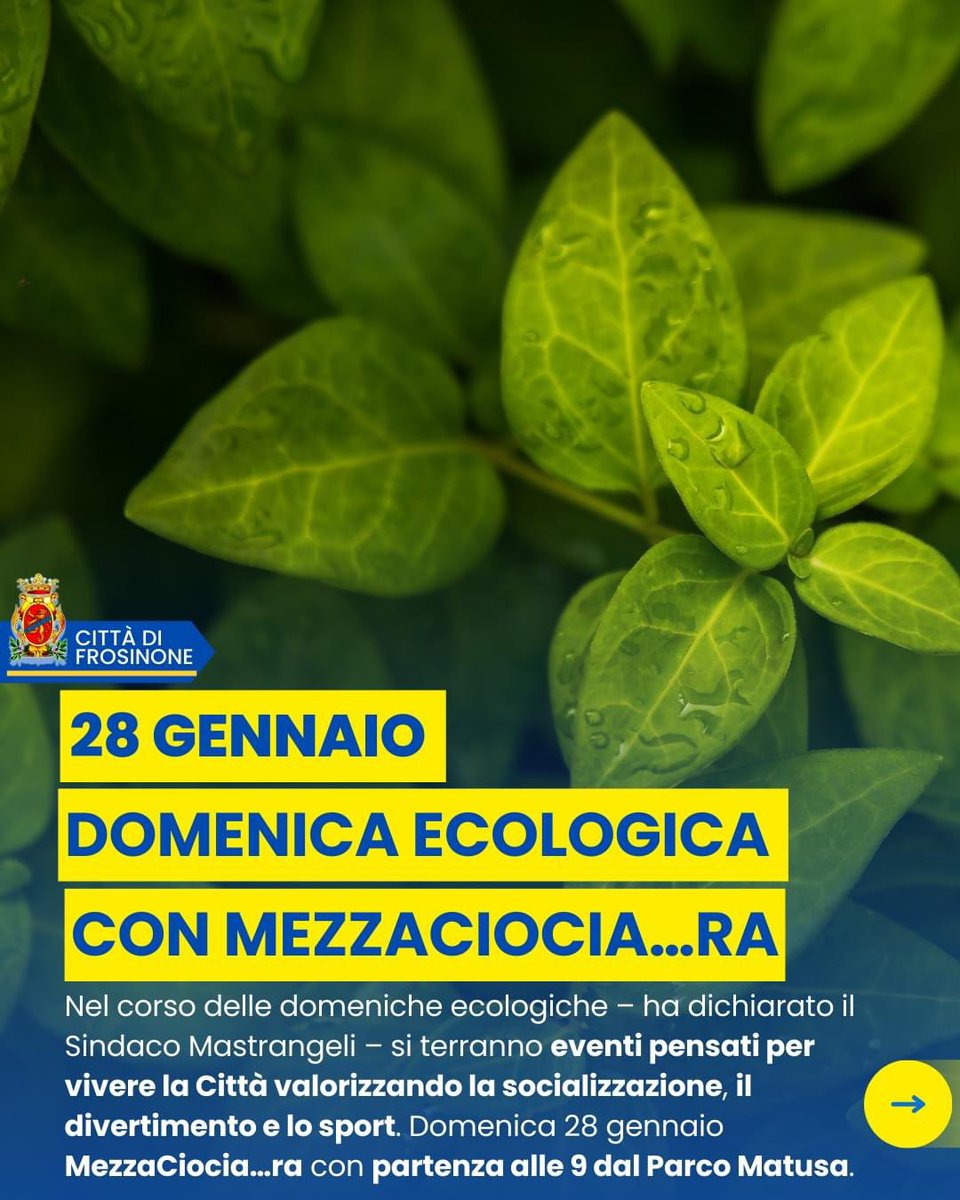Domenica 28 gennaio la Città avrà l’onore di ospitare la MezzaCiocia…ra, patrocinata dal Comune di Frosinone, con le due gare di 13 o 21 km, con partenza alle 9 dal Parco Matusa.
 #frosinone #domenicaecologica #AMBIENTE