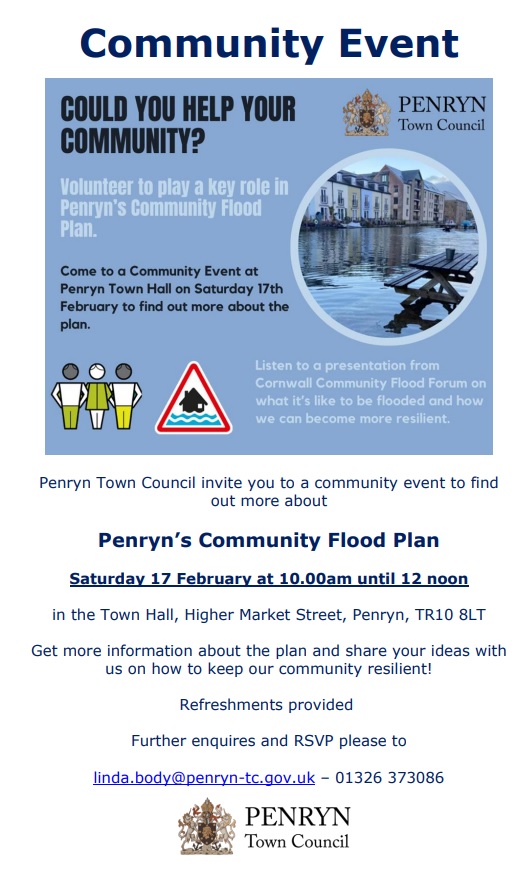 Do you live in Penryn and would you like to keep your community resilient? Head along to a Community Event at Penryn Town Hall on Saturday 17th February to find out more about the Community Flood Plan. #community #penryn #flood @PenrynTC