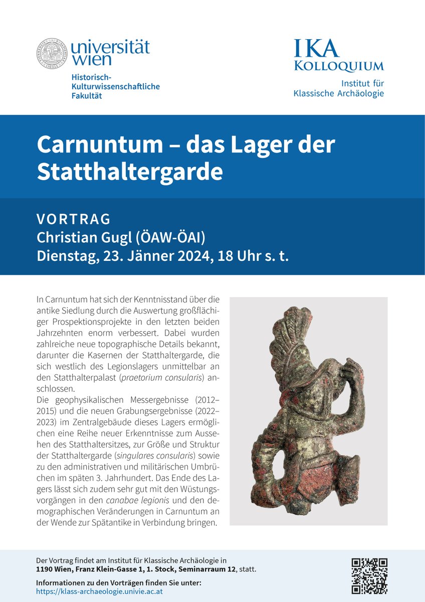 📢 Nicht verpassen: kommenden Dienstag (23.01.2024, 18:00) Vortrag von Christian Gugl (@oeai_oeaw ) am @KlassArchWien zu neuen Grabungen in Carnuntum!