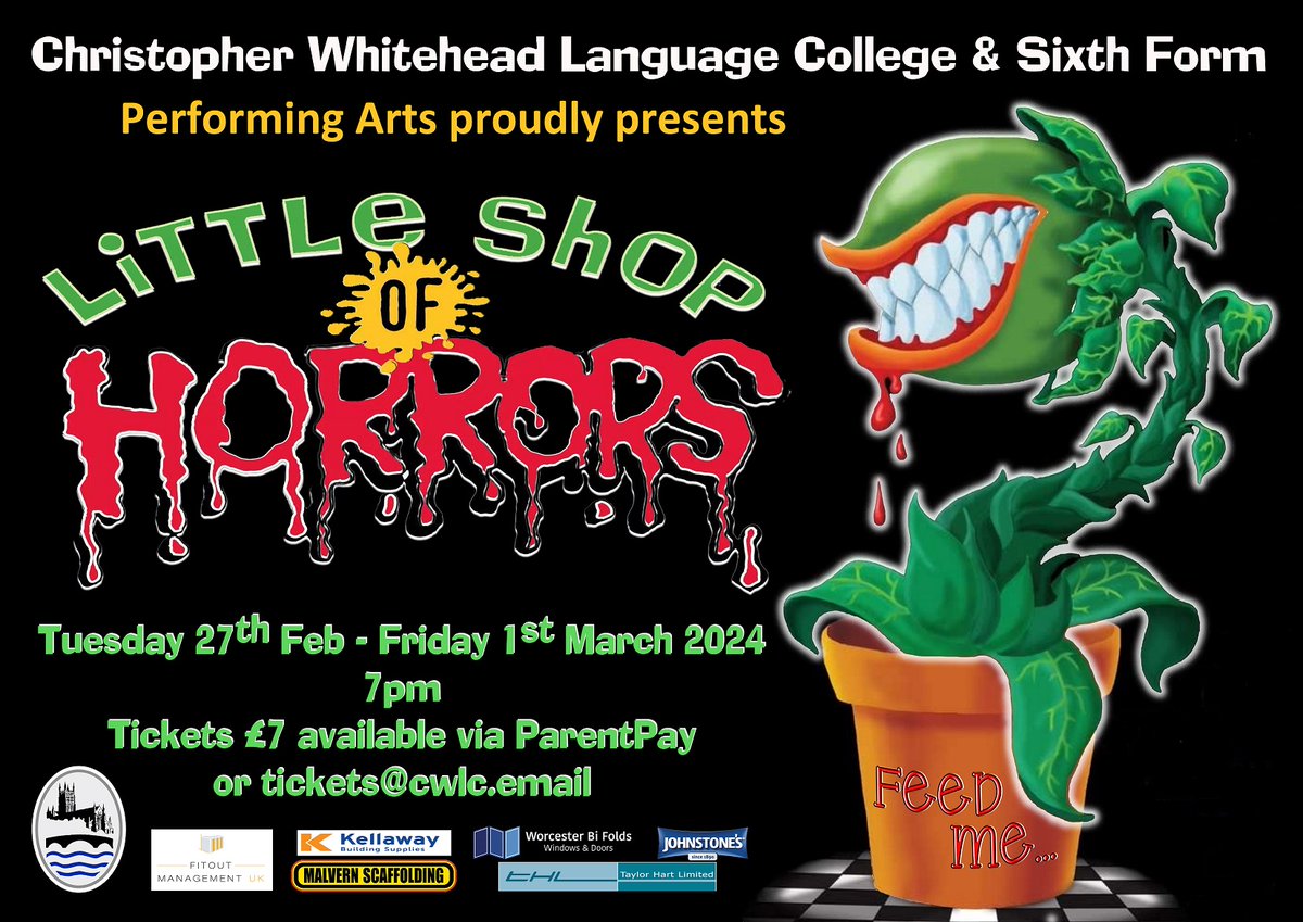 Join us and see the amazing man-eating plant, Audrey II, in this year's CWLC whole school show! 27th Feb - 1st March Tickets on sale now! email: tickets@cwlc.email or via ParentPay. Thanks to our sponsors #worcestershirehour
