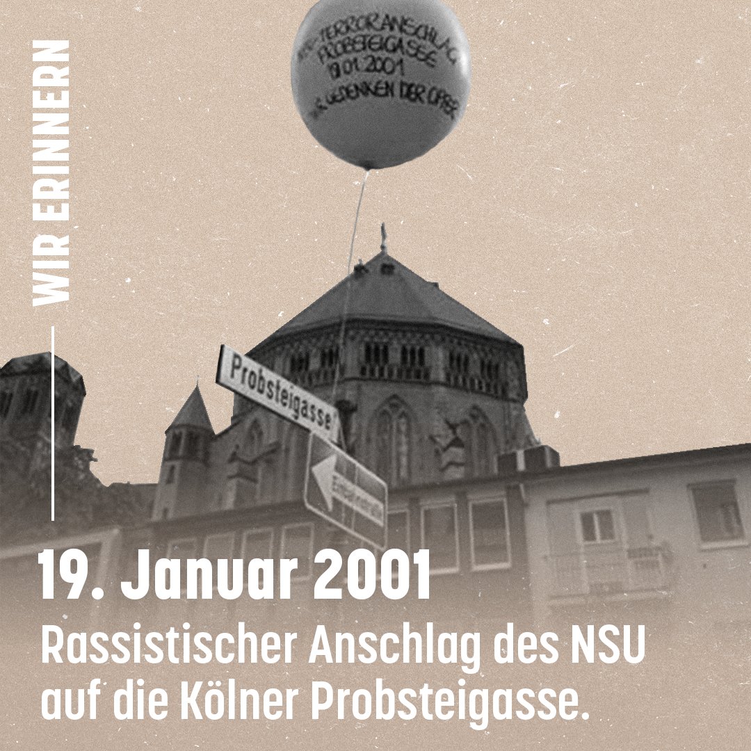 Wir erinnern: Heute vor 23 Jahren, am 19. Januar 2001, explodierte in einem Geschäft in der Probsteigasse in #Köln eine vom #NSU platzierte Bombe. Die Tochter des Inhabers wurde bei dem rassistischen Anschlag lebensgefährlich verletzt.  #KeinSchlussstrich #RechtenTerrorStoppen