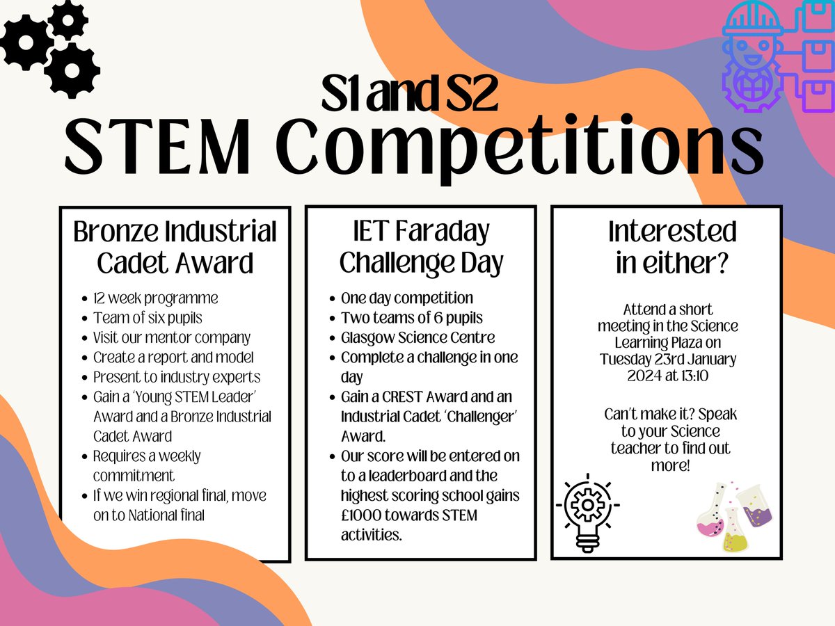 We have TWO very exciting STEM competitions coming up for S1 and S2. If anyone is interested in finding out more, then please attend a short meeting at 13:10 this Tuesday 23rd January in the Science Learning Plaza #STEM 🧠👩‍🏭👨‍🔧🧪<a href="/BoclairBiology/">Boclair Academy Biology</a> <a href="/boclairphysics/">Boclair Physics</a>