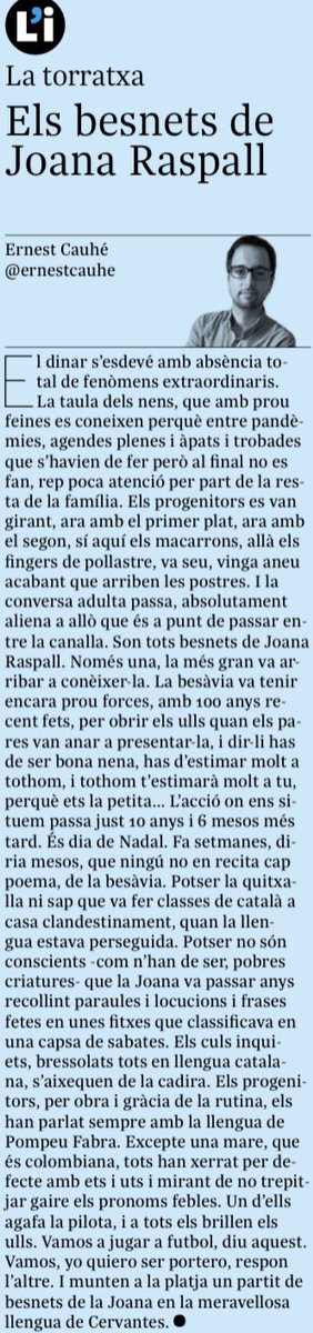“Els besnets de @joanaraspall”.

Coses que passen un dia de Nadal entre la descendència de la poeta que va salvar els mots durant la llarguíssima foscor del franquisme.

#Català

A l’<a href="/indepe_gracia/">L'independent de Gràcia</a>. ⬇️