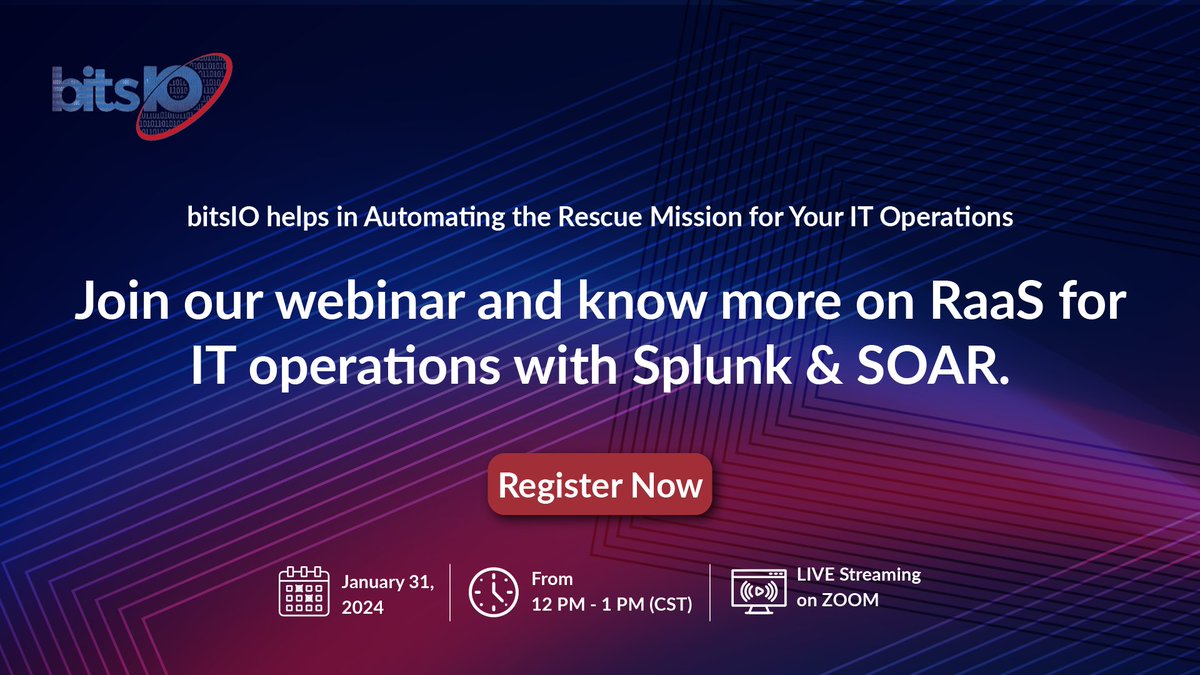 bits_io's tweet image. #bitsIO, with #Splunk automation tools, can transform your incident response from a manual challenge to a streamlined, automated success.

Join us for our #FREE webinar on Unlocking the Power of Remediation with Splunk/SOAR.

🔗 Registration Link: lnkd.in/dRm_8cMK
