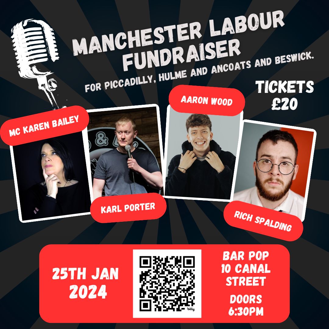 Fighting elections is not only hard, but it costs an arm & a leg! Myself, @Lee4Hulme @LabourHulme & Julie Jarman @AncoatsBeswick are holding a comedy night to raise funds and have a laugh next Thursday, 7pm on Canal Street. GET YOUR TICKET HERE 🎟👉eventbrite.com/e/manchester-l…