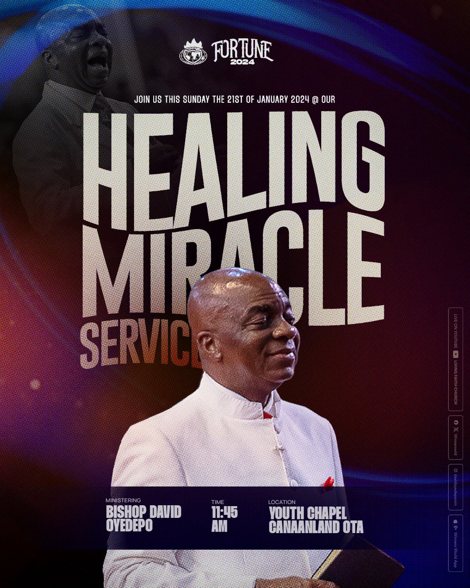 Did you know that beginning this Sunday, January  21st, 2024, we will be holding a Healing Miracle Service?

Where? 

Youth Chapel, Canaanland, Ota.

Time?

11:45 a.m.

How frequent?

Every Sunday

"They had come to hear him and to be healed of their diseases; and those troubled