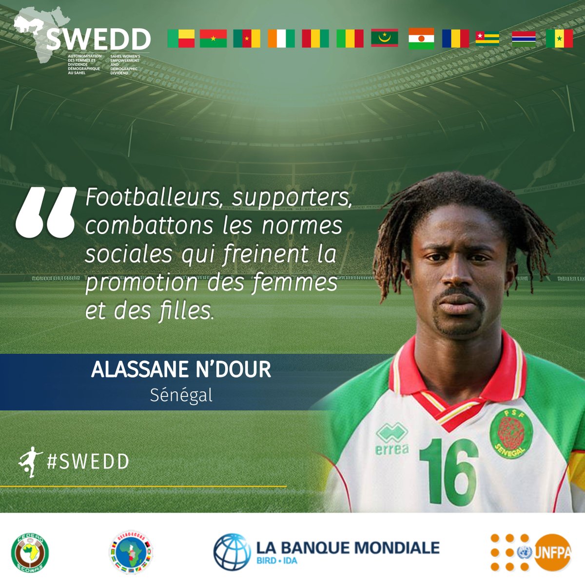 swedd_africa's tweet photo. ⚽️🏆 L'ancien défenseur Sénégalais de la #Generation2002, @alassanendour6, lance un appel pour l'égalité des chances et à la promotion des valeurs des femmes 👩🏿🦱 et des filles 👧🏿
#SWEDD #UNFPA #SWEDDgirlsCAN https://t.co/vnDtbAbEcX