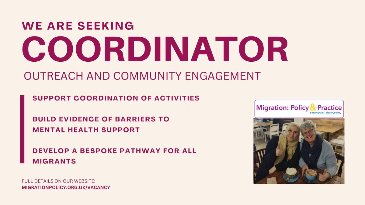 There is still time to apply for our new role supporting asylum and refugees in Birmingham and developing solutions to mental health barriers for migrants. 
More details on our website - migrationpolicy.org.uk/vacancy/