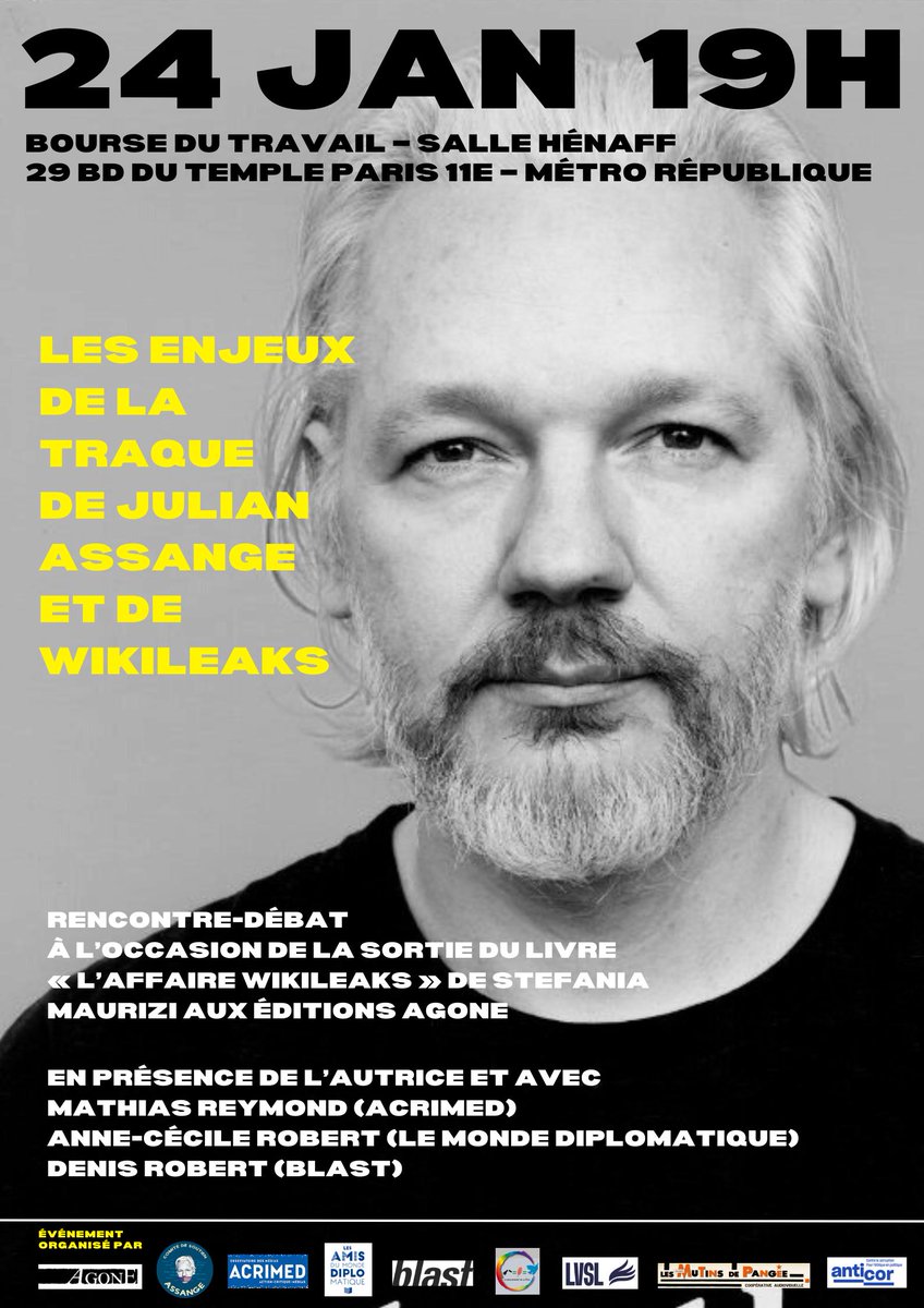 ComiteAssange's tweet image. Aujourd’hui paraît aux @EditionsAgone le livre indispensable de @SMaurizi « L’Affaire WikiLeaks : Médias indépendants, censure et crime d’État ». À lire et à faire lire !
L’autrice sera en 🇫🇷 la semaine prochaine pour en parler. Premier événement : mercredi 24 janvier à Paris.👇