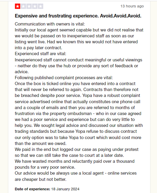 Consumer gave Yopa 1 star via <a href="/Trustpilot/">Trustpilot</a> trstp.lt/8qJUs8i9I