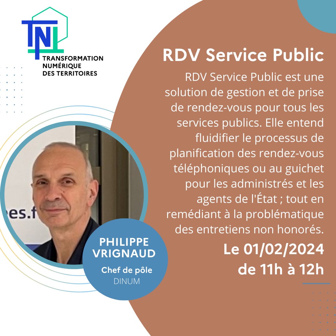 🤝Webinaire 2⃣4⃣ du @Programme__TNT ! Au programme : présentation de la solution RDV Service Public, une solution facilitant la prise de RDV pour les #CollTerr @PhVrignaud @_DINUM @ANCTerritoires 🗓️ RDV le 1/02 à 11h 💻 Inscriptions : framaforms.org/webinaire-tnt-…