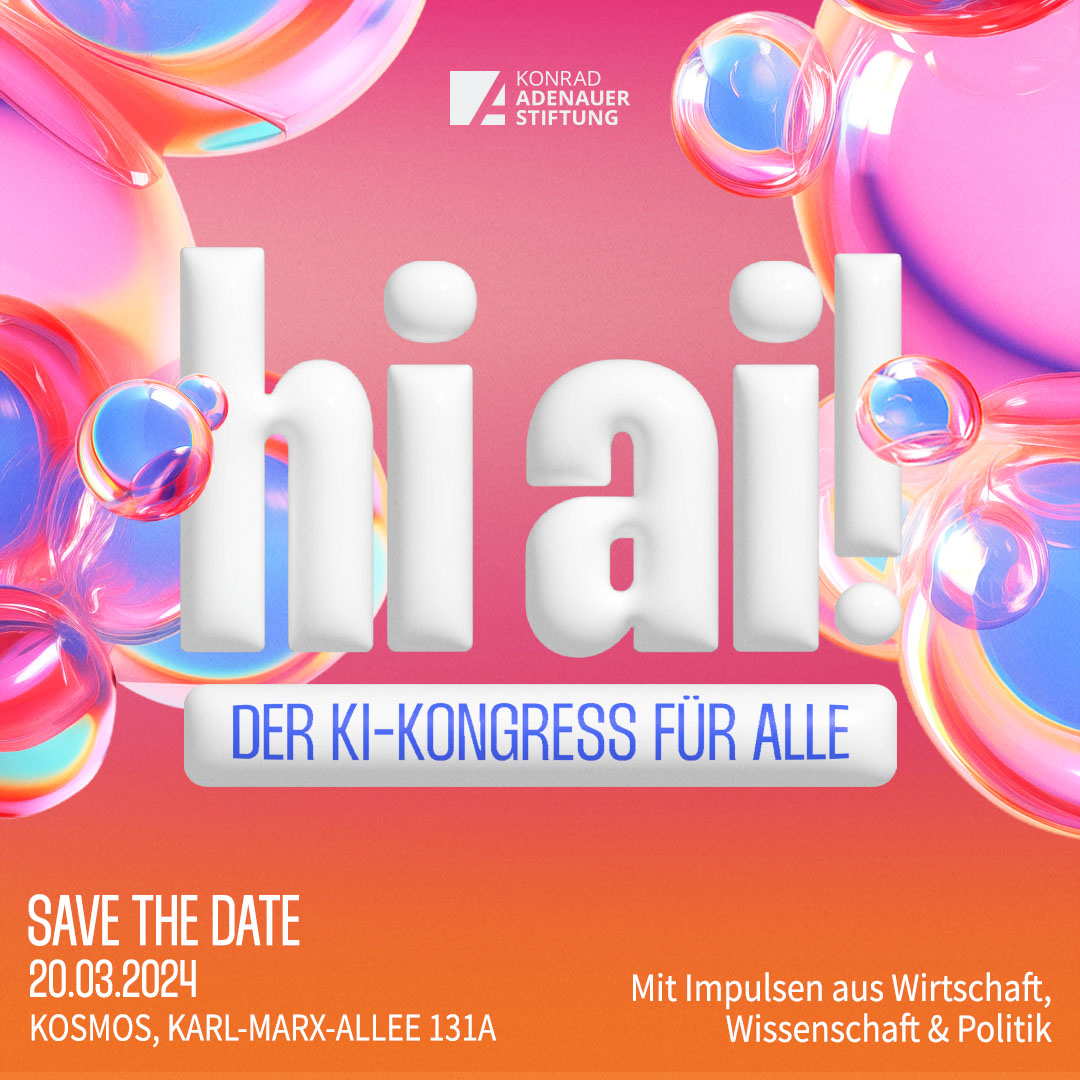 Hi #Ai! 👋 Künstliche Intelligenz ist jetzt die Headlinerin in vielen Teilen unseres Lebens! 🚀 Welche Chancen &amp; Herausforderungen bringt die #KI für Demokratie, Bildung &amp; Wirtschaft mit? Sei bei unserem KI-Event des Jahres am 20.03. dabei: kas.de/de/veranstaltu…