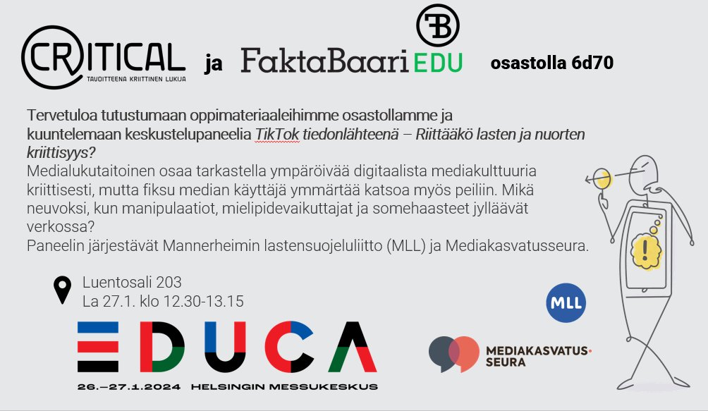 CRITICAL (@educritical) on Twitter photo Viikon päästä olemme #Educa2024:n osastolla 6d70 yhdessä <a href="/Faktabaari/">Faktabaari</a>:n kanssa. Tule tutustumaan runsaaseen oppimateriaalitarjontaamme sekä kuulolle ajankohtaiseen <a href="/MLL_fi/">Mannerheimin Lastensuojeluliitto</a> & <a href="/mediakasvatus/">Mediakasvatusseura</a> organsoimaan paneelikeskusteluun, jossa mukana vuorovaikutusvastaavamme <a href="/ElinaKHmlinen/">Elina K Hämäläinen</a>👇 Viikon päästä olemme #Educa2024:n osastolla 6d70 yhdessä <a href="/Faktabaari/">Faktabaari</a>:n kanssa. Tule tutustumaan runsaaseen oppimateriaalitarjontaamme sekä kuulolle ajankohtaiseen <a href="/MLL_fi/">Mannerheimin Lastensuojeluliitto</a> & <a href="/mediakasvatus/">Mediakasvatusseura</a> organsoimaan paneelikeskusteluun, jossa mukana vuorovaikutusvastaavamme <a href="/ElinaKHmlinen/">Elina K Hämäläinen</a>👇