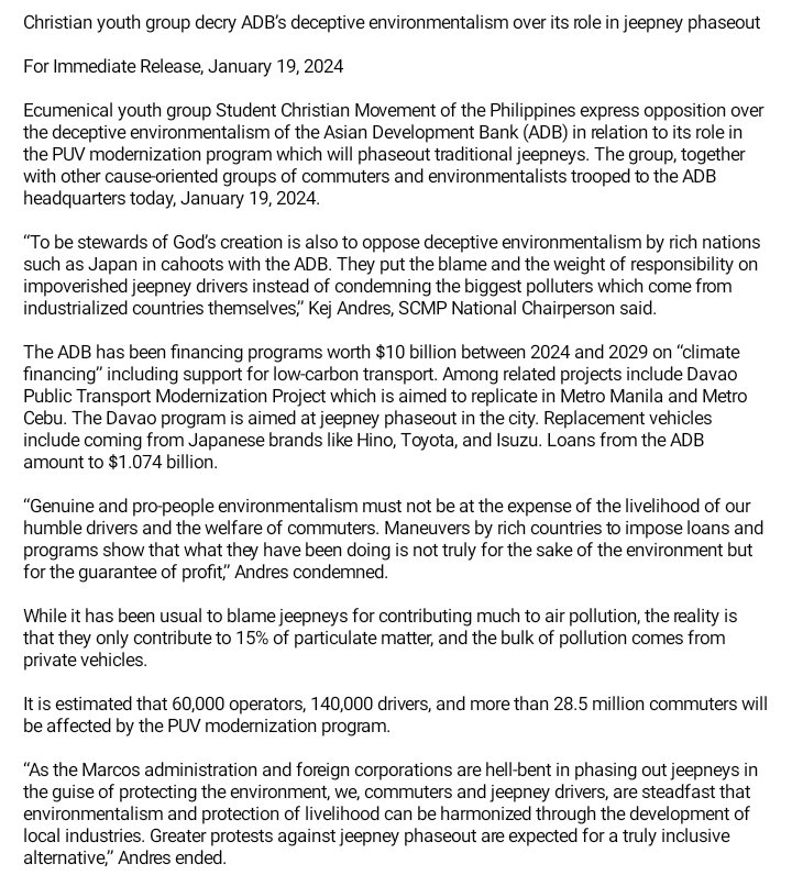 To be stewards of God’s creation is also to oppose deceptive environmentalism by rich nations such as Japan in cahoots w/ADB. They l blame jeepney drivers instead of condemning biggest polluters which come from industrialized nations —Chair @thekejofglory #NoToJeepneyPhaseout