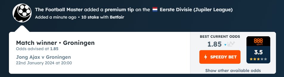 T_Foot_Master's tweet image. "Friday's Bet of The Day "         
 22 January / Dutch Jupilar League
Jong Ajax vs Groningen
Groningen to win @ 1.85 @betfair

#FreePick #BOTD like retweet