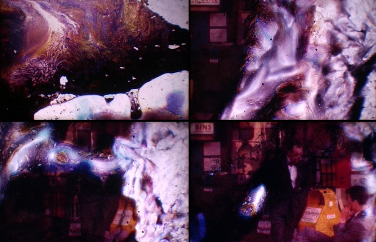 Made from deteriorated standard 8mm found home movie material, new short experimental film, Eltons Bins, features footage shot in the 1960s in and around a trade fair, which is finally engulfed by emulsion degradation. youtu.be/GxYkAsE9Z74