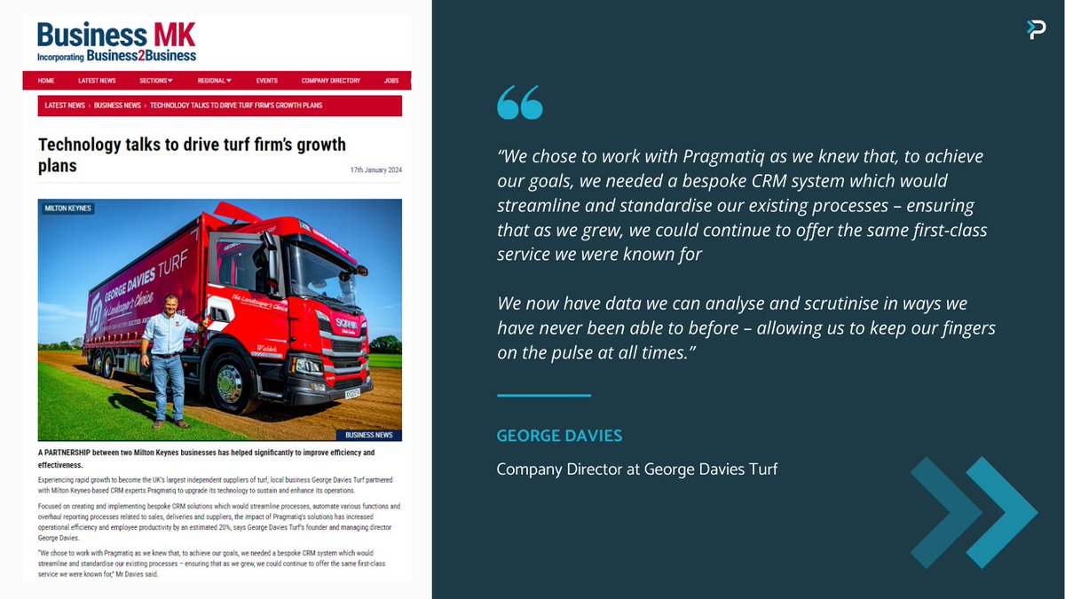 How did we help <a href="/GDTurf/">George Davies Turf</a> to increase operational efficiency and employee productivity by 20%? 🌱

Through a Bespoke CRM System, we've streamlined processes, automated various business functions and overhauled reporting 🚀

Thanks <a href="/BusinessMK/">Business MK</a> for sharing - businessmk.co.uk/articles/busin…