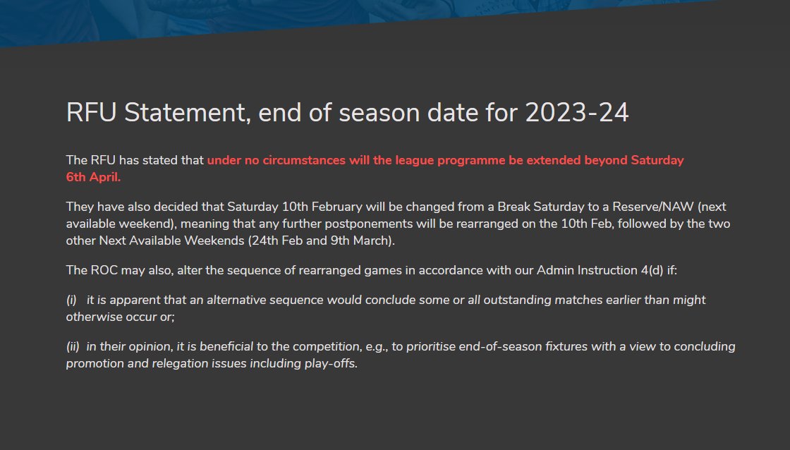 IMPORTANT: The RFU has stated that under no circumstances will the 2023-24 league programme be extended beyond Saturday 6th April.

More details here...

rfunorth.com/news/